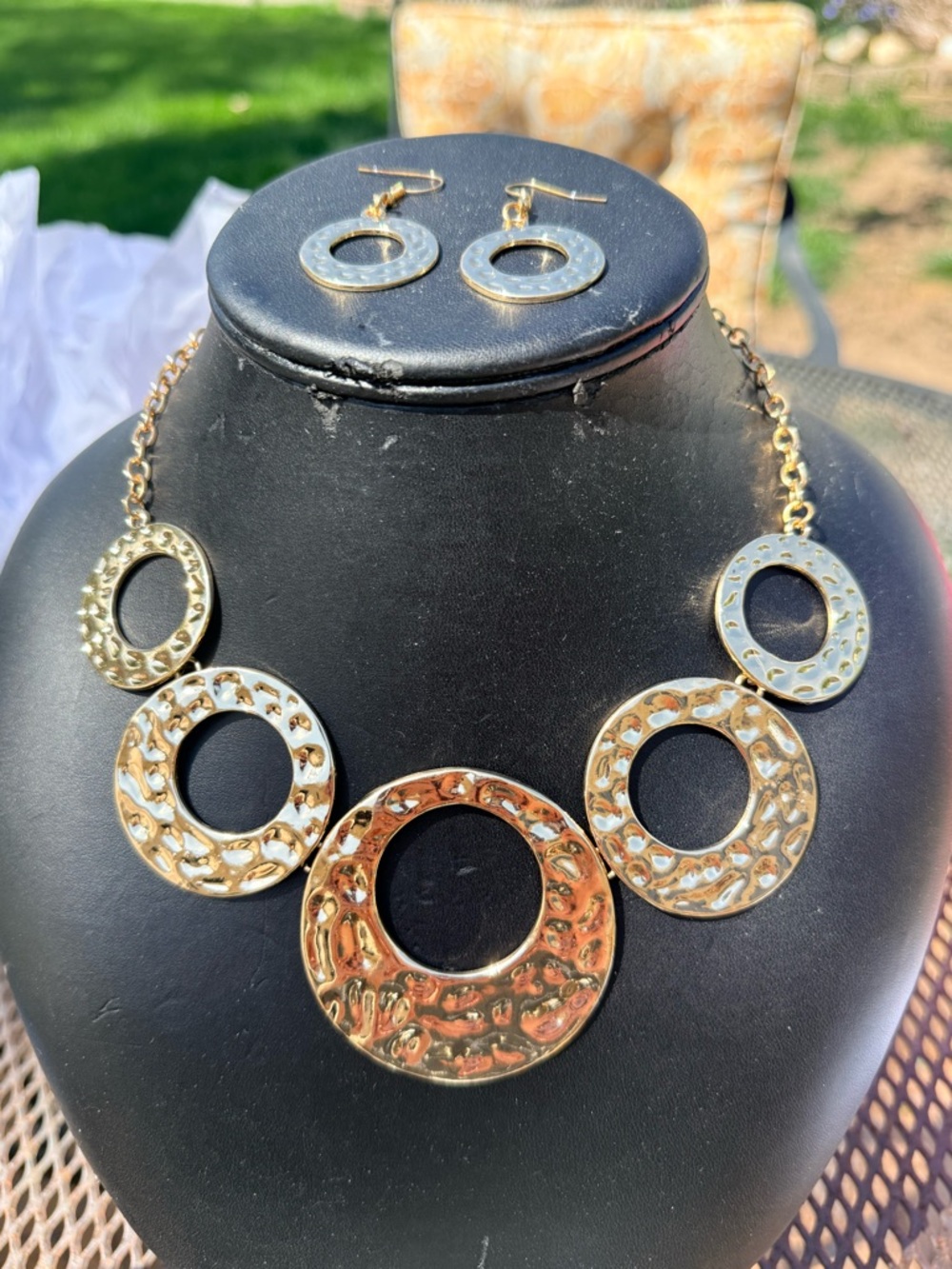 Gold Hammered Circle Statement Necklace and Earring Set - Women Jewelry